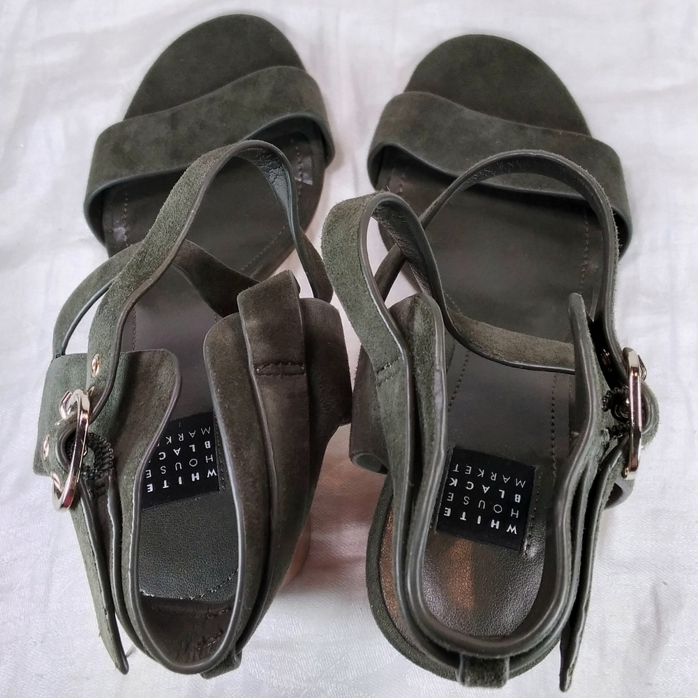 White House Black Market Marlo Olive Suede SANDALS Womens Size 6.5M Chunky Heels - Picture 6 of 12